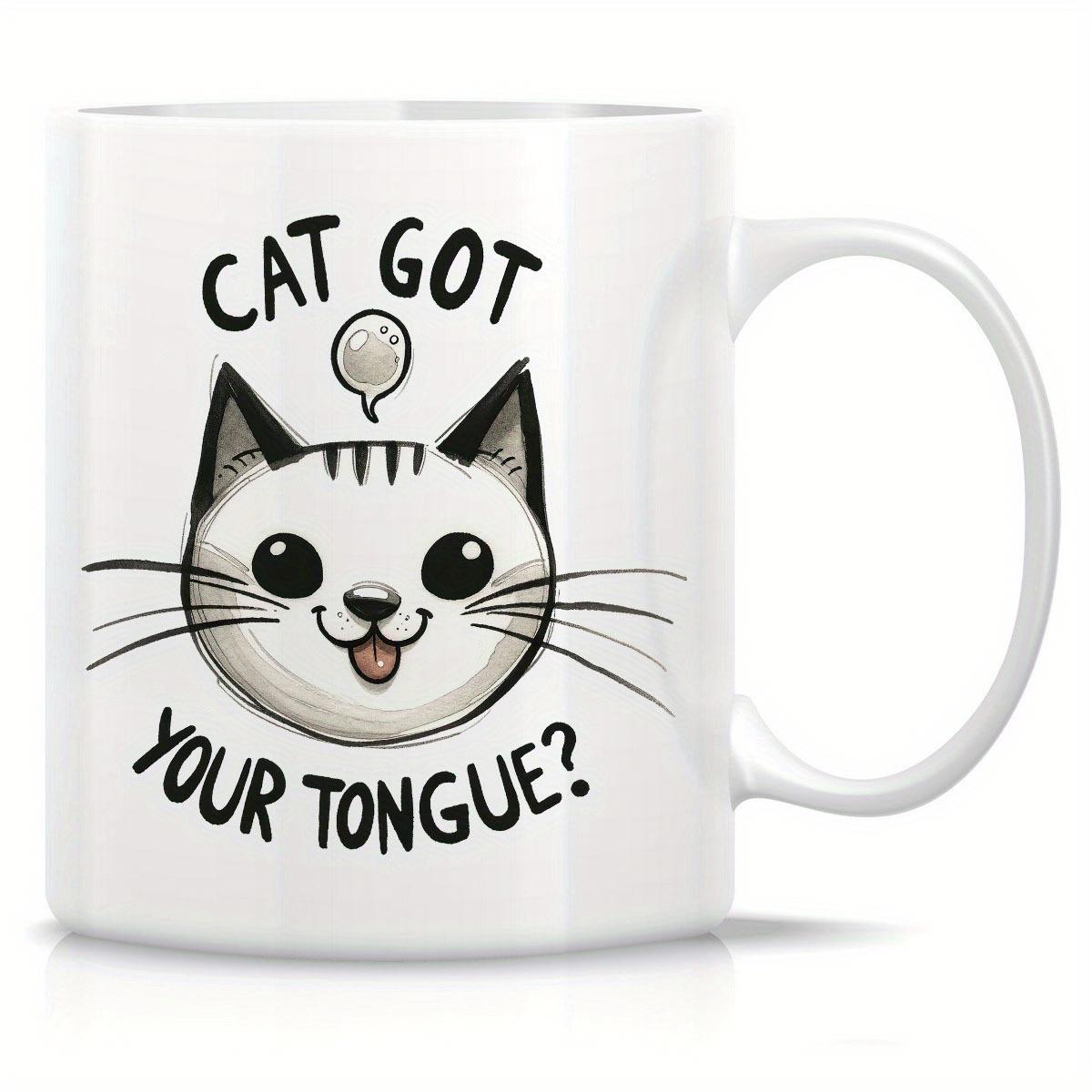 Tailorly White Ceramic 11 oz Mug - Cat Got Your Tongue Cunning Hand Drawn Sketch Featuring Whiskers And Playful Sticking Out Tongue Cat