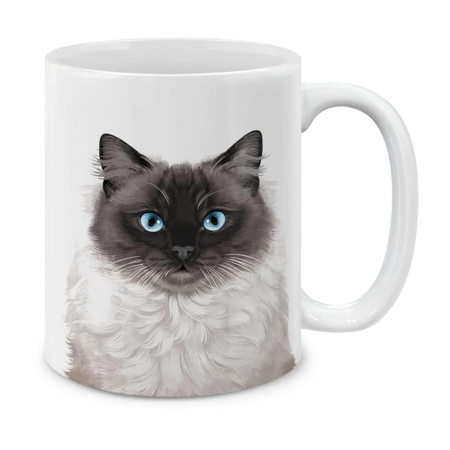 Tailorly White Ceramic 11 oz Mug - Fluffy Majestic Siamese Feline With Piercing Blue Eyes And Soft Fur Cat