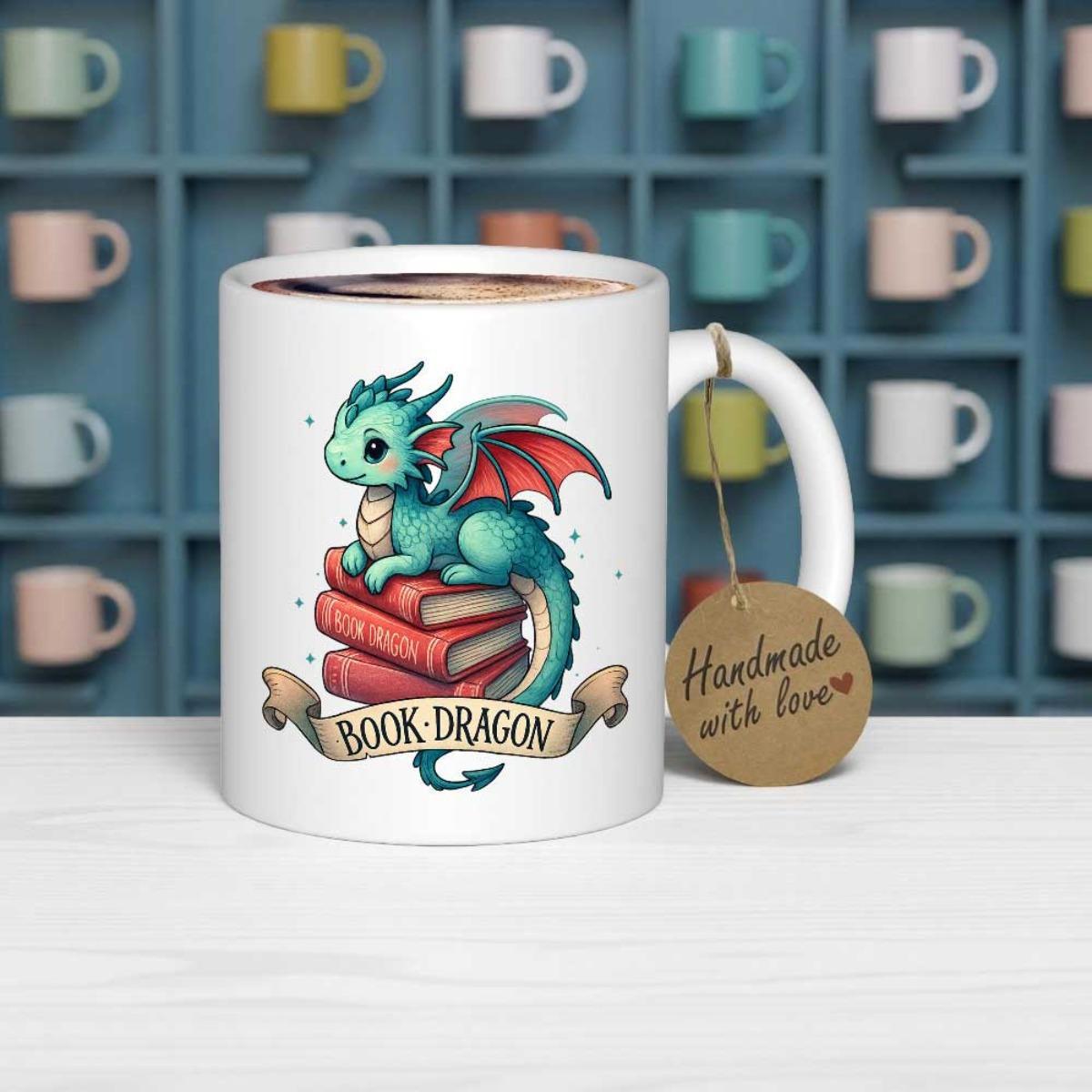 Tailorly White Ceramic 11 oz Mug - Book Dragon Small Cute Teal Dragon Resting Atop Stack Of Red Books Dragon