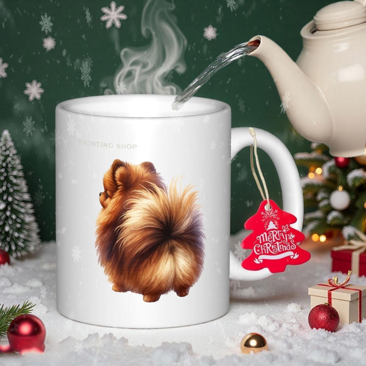 Tailorly White Ceramic 11 oz Mug - Merry Christmas Fluffy Brown Fur Sitting In A Snowy Festive Winter Holiday Scene Pomeranian
