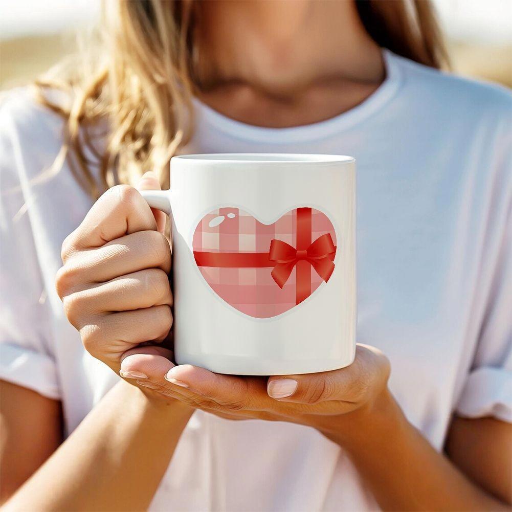 Tailorly White Ceramic 11 oz Mug - Sweet Pink Gingham Patterned With A Bright Red Ribbon And Bow Heart