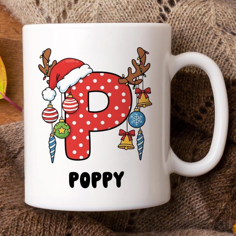Tailorly White Ceramic 11 oz Mug - Poppy Festive Red Polka Dot Style With Antlers And Christmas Ornaments Letter