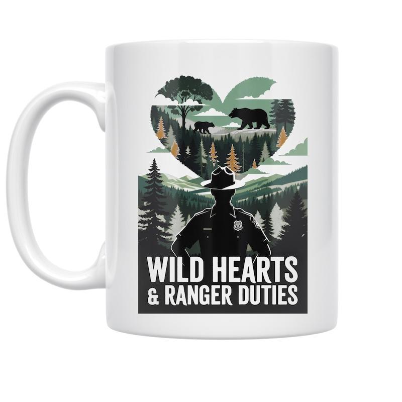 Tailorly White Ceramic 11 oz Mug - Wild Hearts Ranger Duties Lush Pine Forest Inside Heart Shaped Landscape With Bears And Trees Ranger