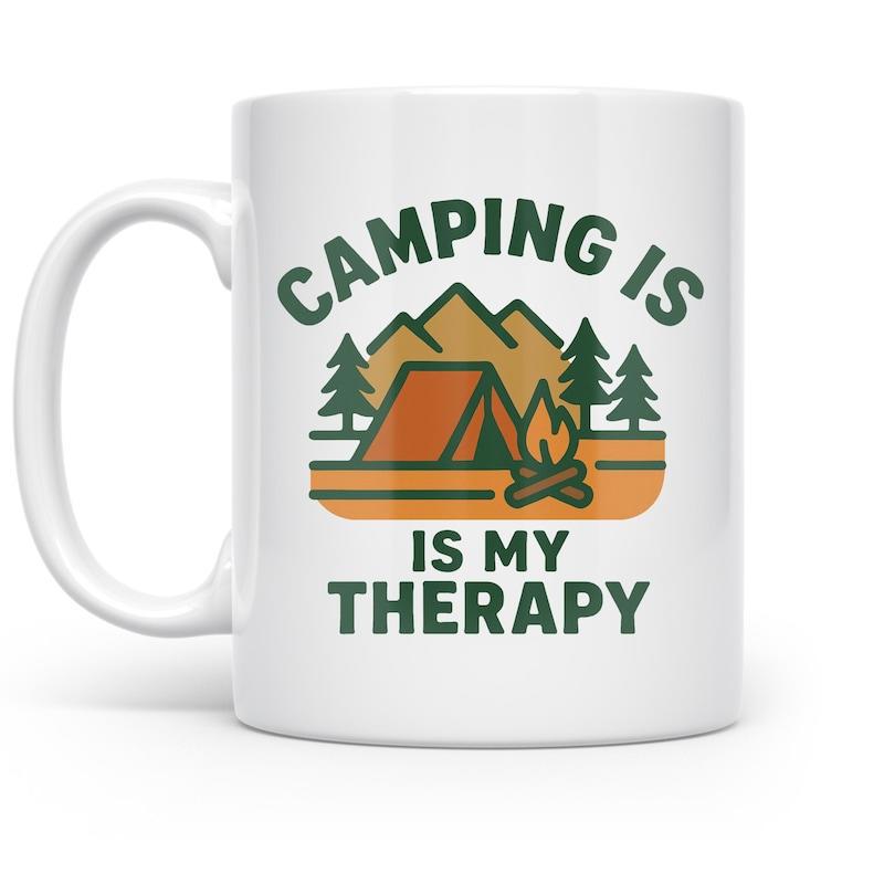 Tailorly White Ceramic 11 oz Mug - Camping Is My Therapy Rustic Outdoor Scene With Trees And A Cozy Tent Mountain