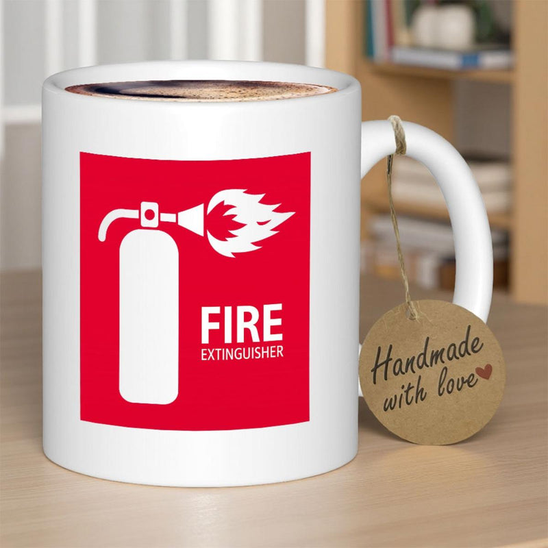 Tailorly White Ceramic 11 oz Mug - Fire Extinguisher Bold Red Sign With White Silhouette Emitting A Bright Flame Fire Extinguisher