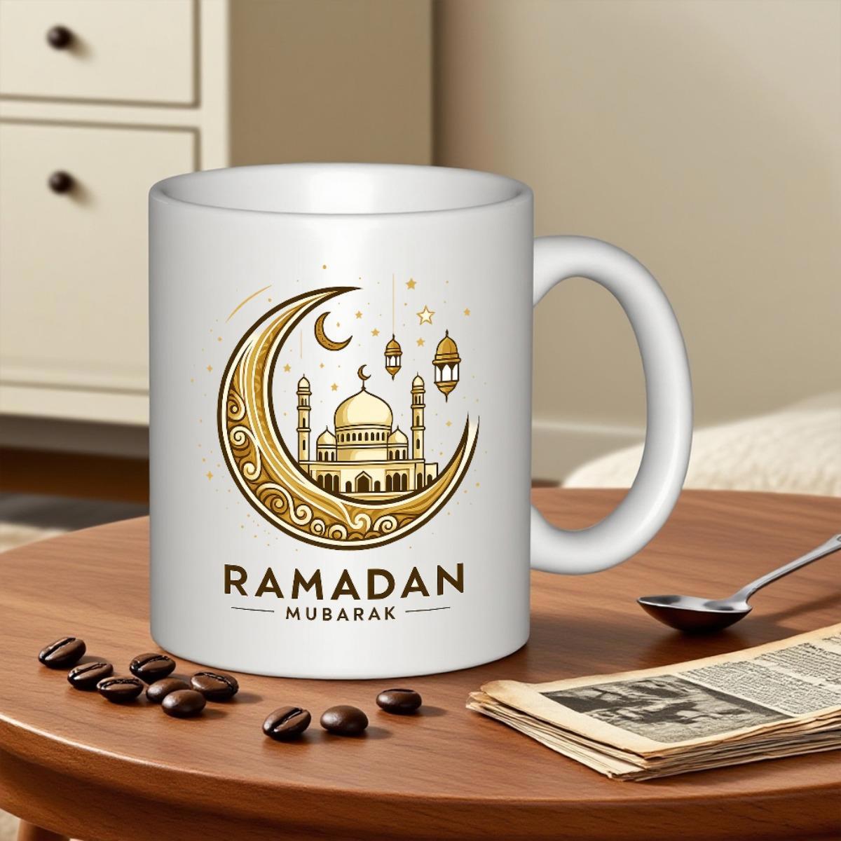 Tailorly White Ceramic 11 oz Mug - Ramadan Mubarak Elegant Golden Detailed Mosque Silhouette With Hanging Festive Lanterns Moon