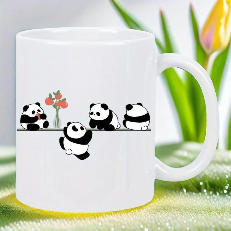 Tailorly White Ceramic 11 oz Mug - Playful Black And White Pandas Climbing On A Minimalist Horizontal Line Panda