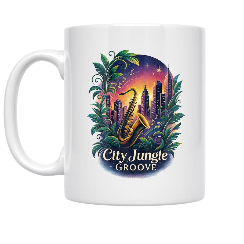 Tailorly White Ceramic 11 oz Mug - City Jungle Groove Tropical Leaves And Urban Skyline Under Glowing Sunset Saxophone