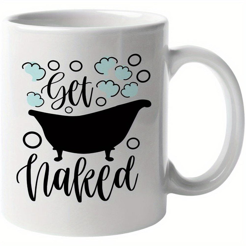 Tailorly White Ceramic 11 oz Mug - Get Naked Black Vintage Bathtub Silhouette Featuring Light Blue Floating Soap Bubbles Bathtub