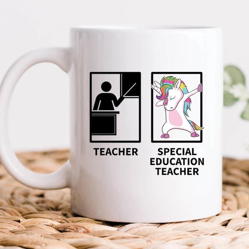 Tailorly White Ceramic 11 oz Mug - Teacher Special Education Teacher Colorful Rainbow Mane Performing A Modern Dance Pose Within Frames Unicorn