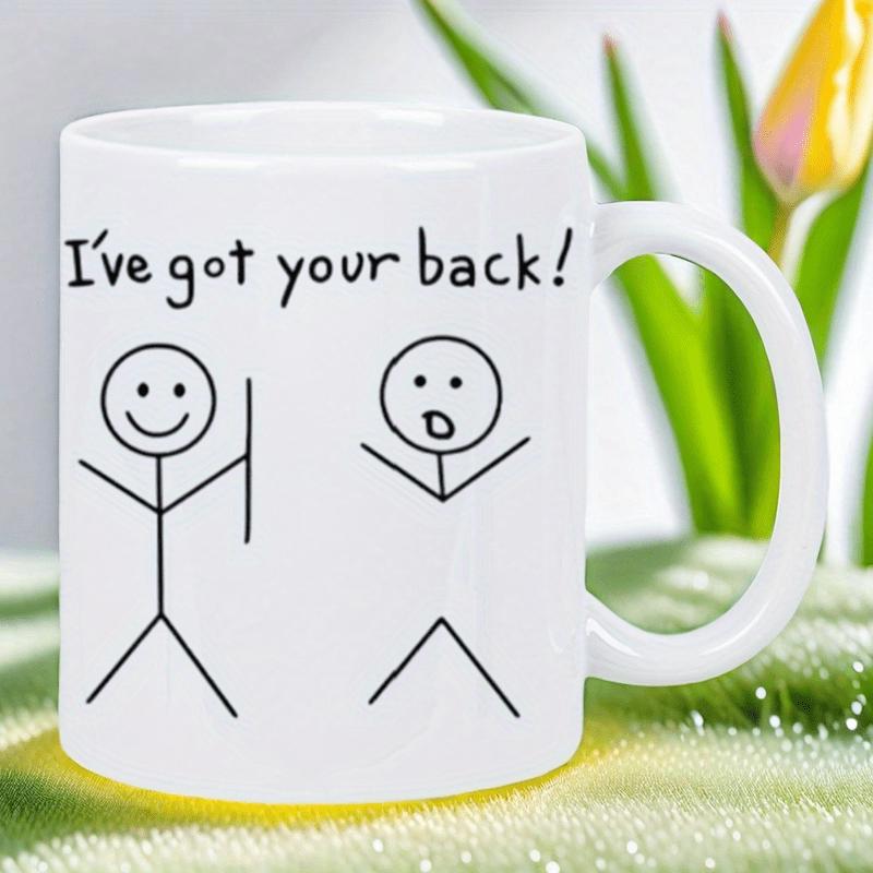 Tailorly White Ceramic 11 oz Mug - Ive Got Your Back Minimalist Black Lines Depicting Two Humorous Stick Figures Stick Figure