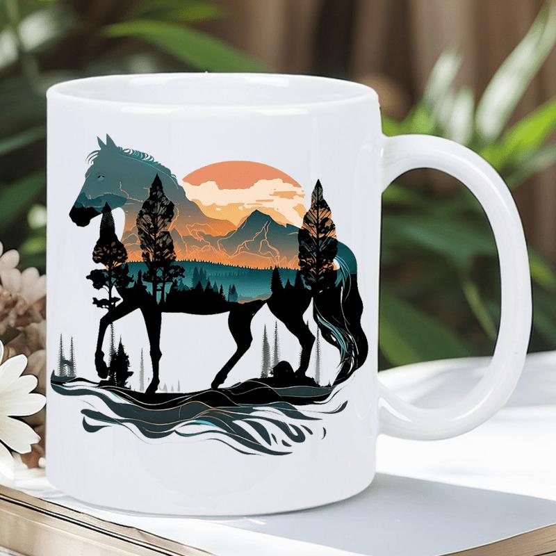 Tailorly White Ceramic 11 oz Mug - Majestic Wilderness Landscape With Pine Trees And Sunset Mountains Inside A Galloping Horse