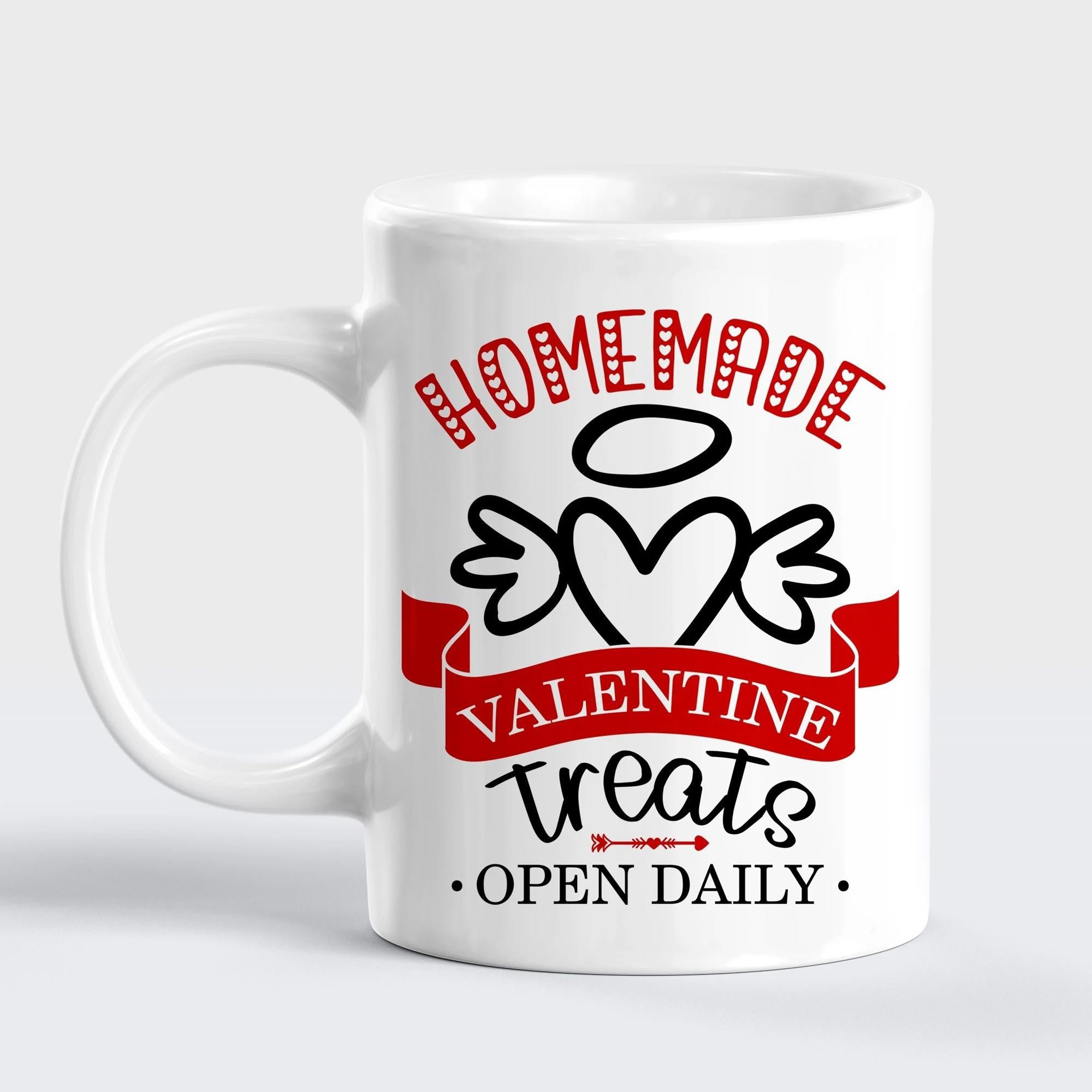 Tailorly White Ceramic 11 oz Mug - Homemade Valentine Treats Open Daily Angelic Winged Heart Resting Above Decorative Red Banner With Small Cupid Arrow Heart