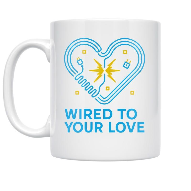 Tailorly White Ceramic 11 oz Mug - Wired To Your Love Stylized Blue Electric Cables Forming A Heart With Golden Sparking Energy Heart