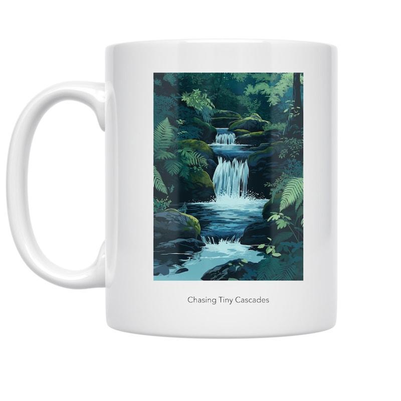 Tailorly White Ceramic 11 oz Mug - Chasing Tiny Cascades Lush Green Forest With Flowing Water Streams Hidden Deep Inside Waterfall
