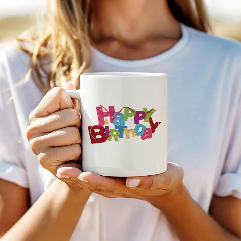 Tailorly White Ceramic 11 oz Mug - Happy Birthday Vibrant Colorful Artistic Block Style Arranged In Playful Creative Letters