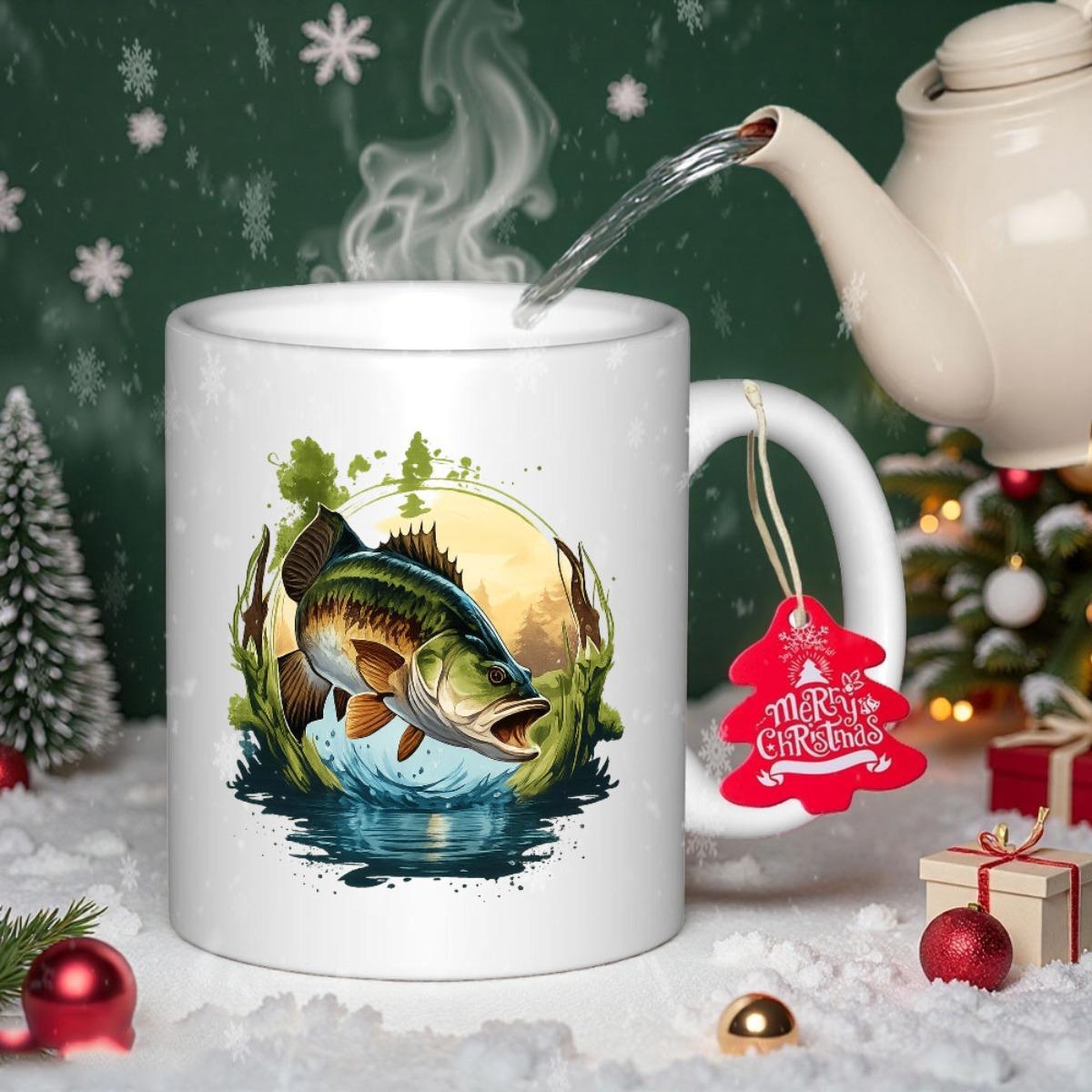 Tailorly White Ceramic 11 oz Mug - Merry Christmas Vibrant Green Jumping From Rippling Water Among Tall Wild Reeds Bass