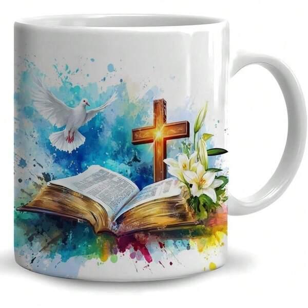 Tailorly White Ceramic 11 oz Mug - Watercolor Religious Scene With Peaceful White Dove And Glowing Cross Bible
