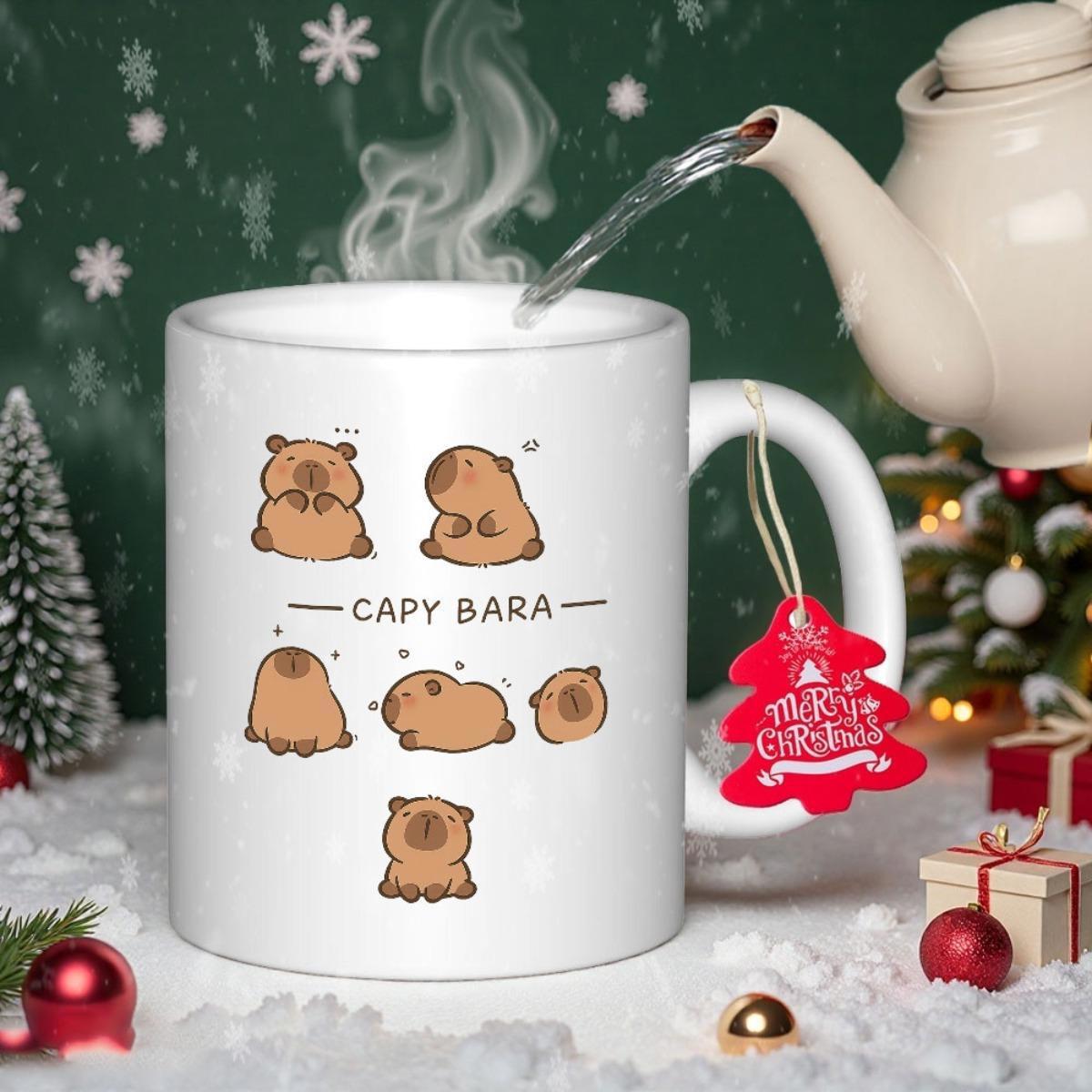Tailorly White Ceramic 11 oz Mug - Capy Bara Multiple Small Brown Cartoon Characters In Various Playful Sleeping Poses Capybara