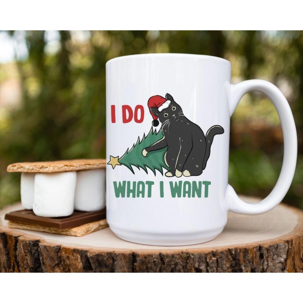 Tailorly White Ceramic 11 oz Mug - I Do What I Want Mischievous Black Cat Wearing Santa Hat Knocking Down Festive Christmas Tree Cat