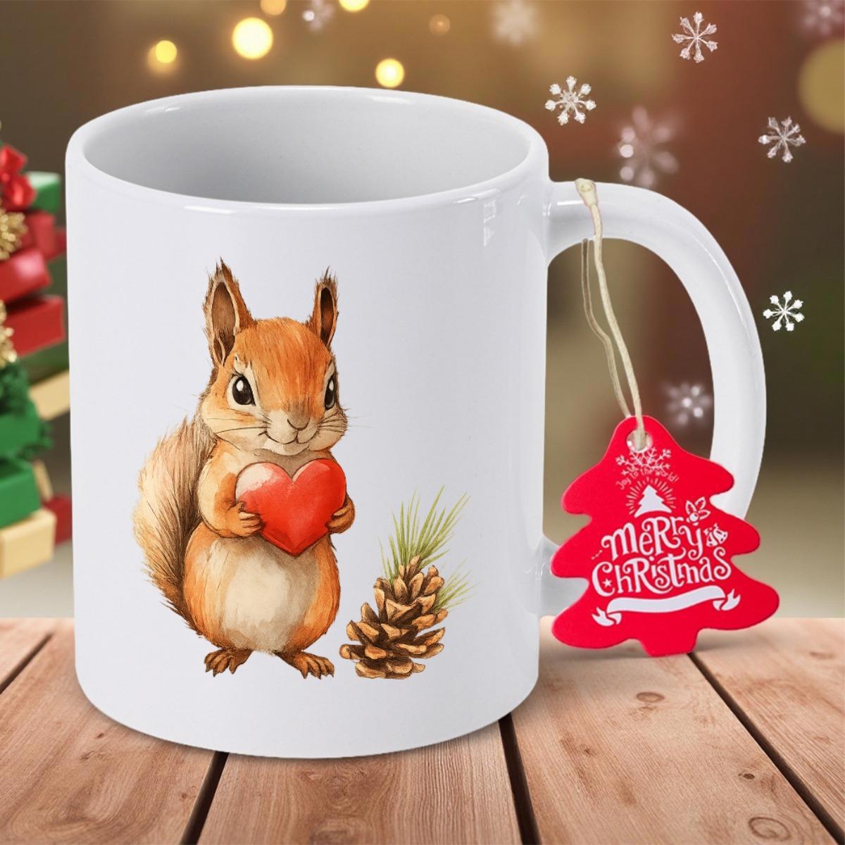 Tailorly White Ceramic 11 oz Mug - Merry Christmas Adorable Red Squirrel Holding Red Heart Beside Small Rustic Pinecone Squirrel