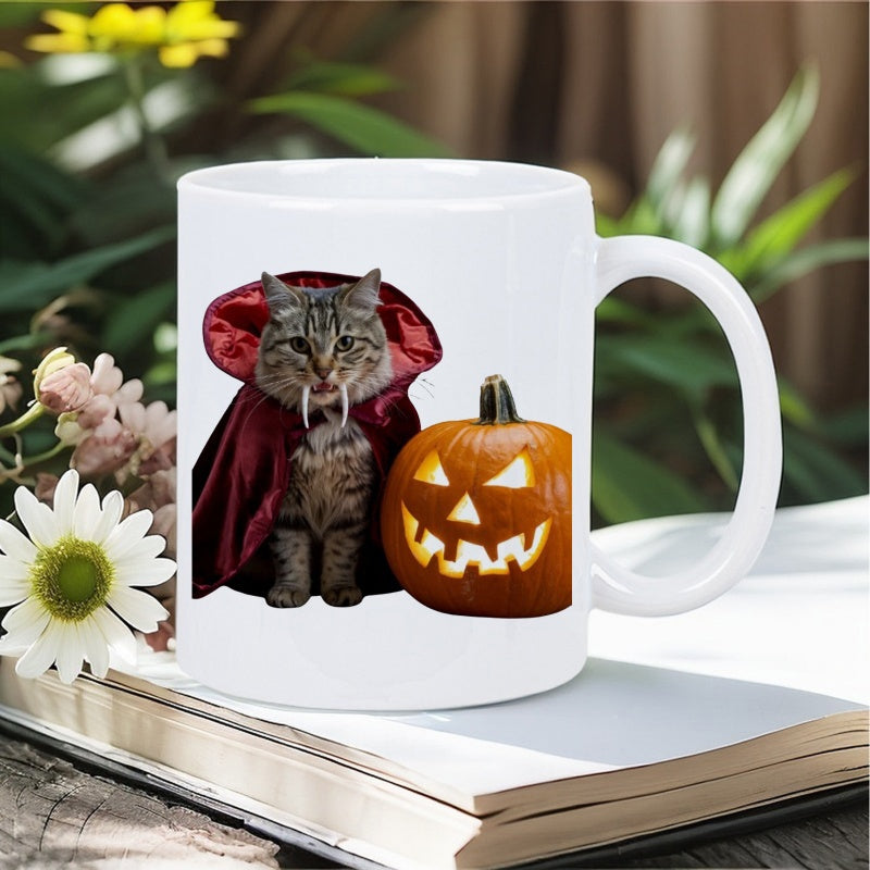 Tailorly White Ceramic 11 oz Mug - Adorable Tabby Wearing Red Vampire Cloak Sitting Near Glowing Halloween Pumpkin Cat