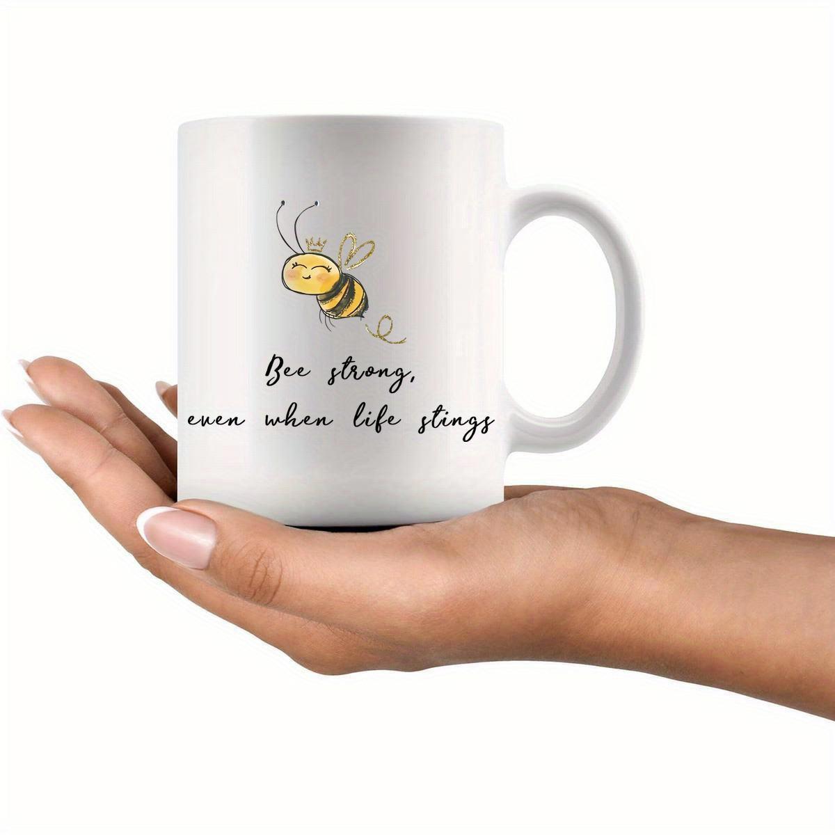 Tailorly White Ceramic 11 oz Mug - Bee Strong Even When Life Stings Cute Small Hand Drawn Flying Bumblebee With Delicate Dotted Line Bee