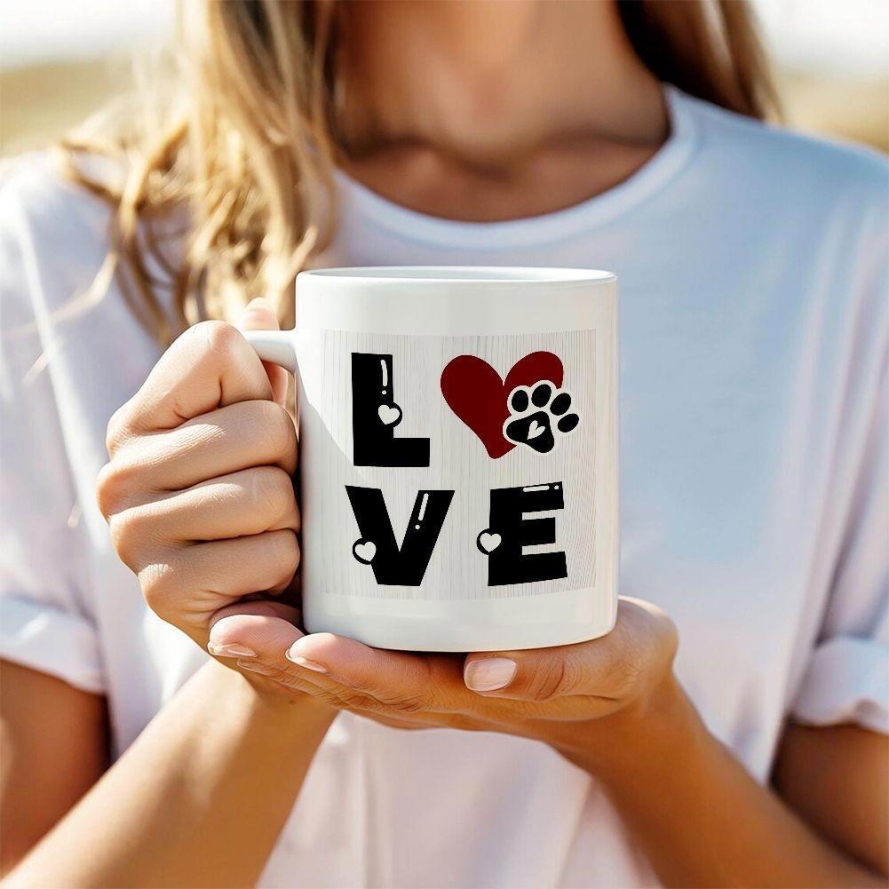 Tailorly White Ceramic 11 oz Mug - Love Bold Blocky Letters Featuring Red Heart And Black Paw Print Mug