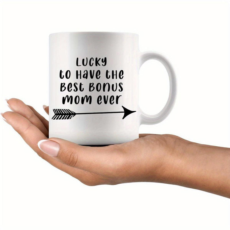 Tailorly White Ceramic 11 oz Mug - Lucky To Have The Best Bonus Mom Ever Minimalist Black Decorative Arrow Pointing Right On A Smooth