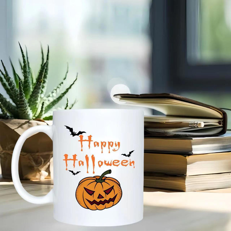 Tailorly White Ceramic 11 oz Mug - Happy Halloween Carved Spooky Orange Jack O Lantern With Flying Bats And Festive Greeting Pumpkin