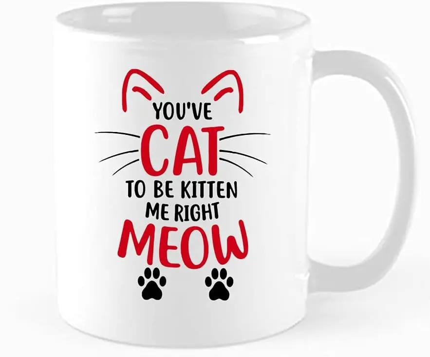 Tailorly White Ceramic 11 oz Mug - You've Cat To Be Kitten Me Right Meow Playful Minimalist Red Cat Ears With Whiskers And Tiny Black Paws Cat
