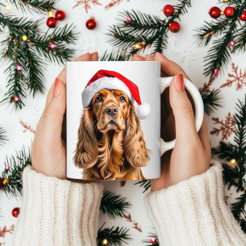 Tailorly White Ceramic 11 oz Mug - Adorable Festive Brown Spaniel Wearing Red Santa Hat For Christmas Holiday Dog