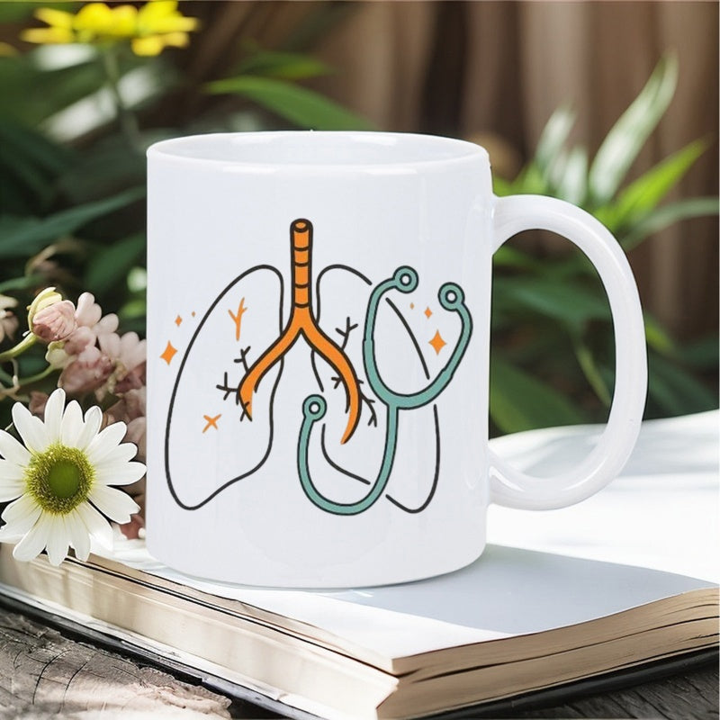 Tailorly White Ceramic 11 oz Mug - Minimalist Medical Illustration Featuring Anatomical Outlines And Stylized Stethoscope Lungs