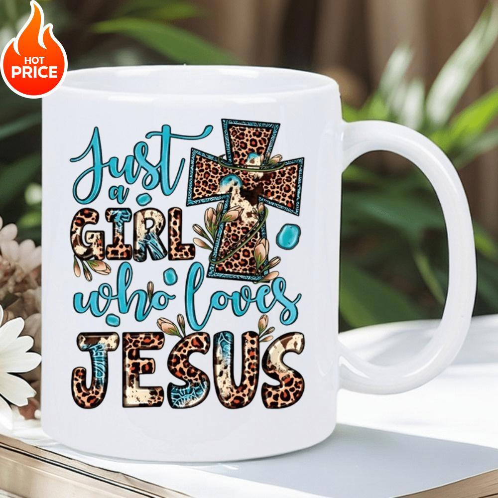 Tailorly White Ceramic 11 oz Mug - Just A Girl Who Loves Jesus Rustic Leopard Print Pattern With Teal Accents And Floral Decorated Cross