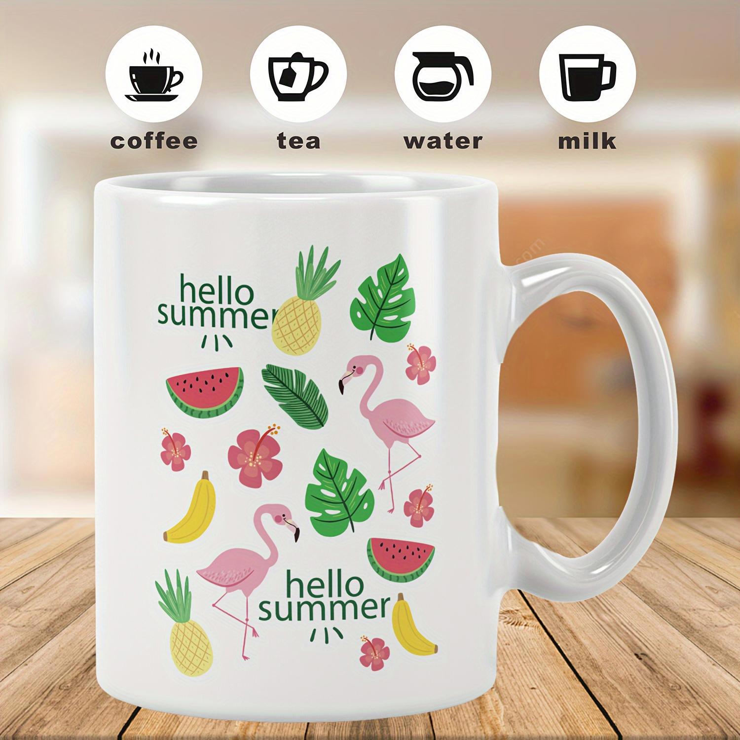 Tailorly White Ceramic 11 oz Mug - Hello Summer Pink Flamingos Dancing Amidst Tropical Leaves And Sweet Summer Fruits Flamingo