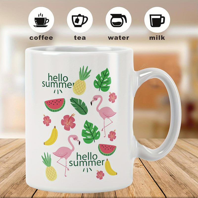 Tailorly White Ceramic 11 oz Mug - Hello Summer Pink Flamingos Dancing Amidst Tropical Leaves And Sweet Summer Fruits Flamingo