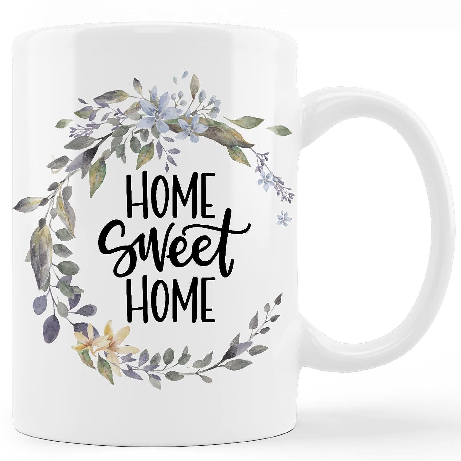 Tailorly White Ceramic 11 oz Mug - Home Sweet Home Delicate Watercolor Design Featuring Muted Green Leaves And Soft Blue Petals Wreath