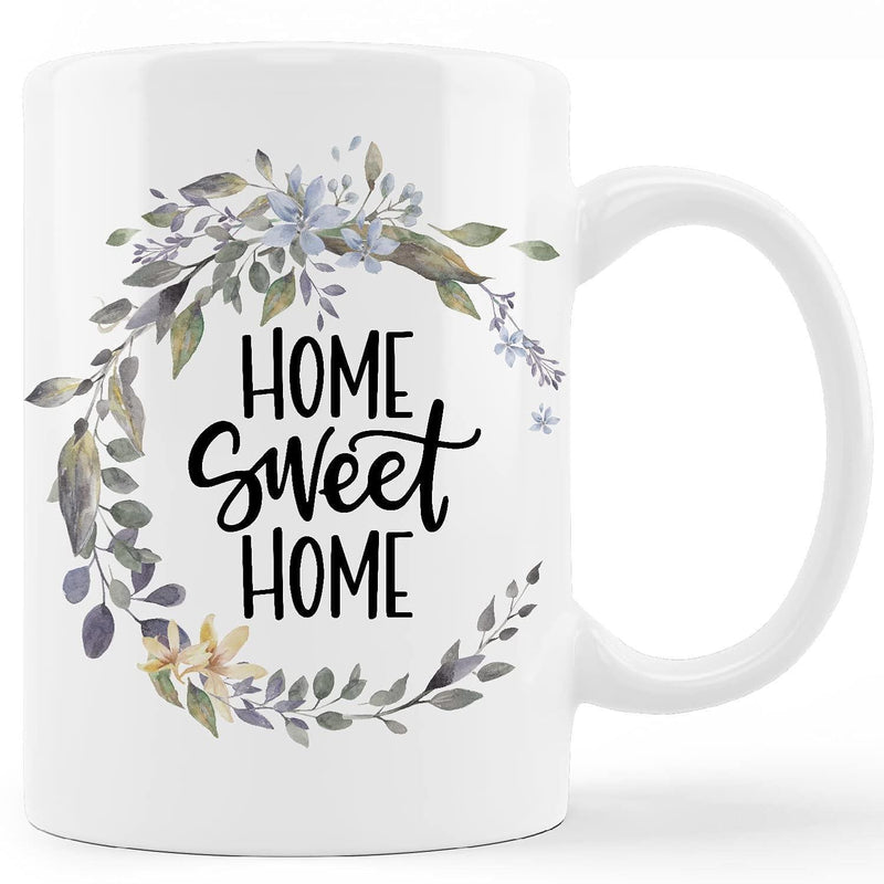 Tailorly White Ceramic 11 oz Mug - Home Sweet Home Delicate Watercolor Design Featuring Muted Green Leaves And Soft Blue Petals Wreath