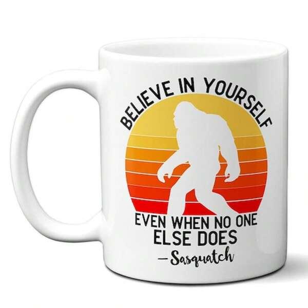 Tailorly White Ceramic 11 oz Mug - Believe In Yourself Even When No One Else Does Sasquatch Iconic Walking Silhouette Against A Vibrant Retro Striped Sunset
