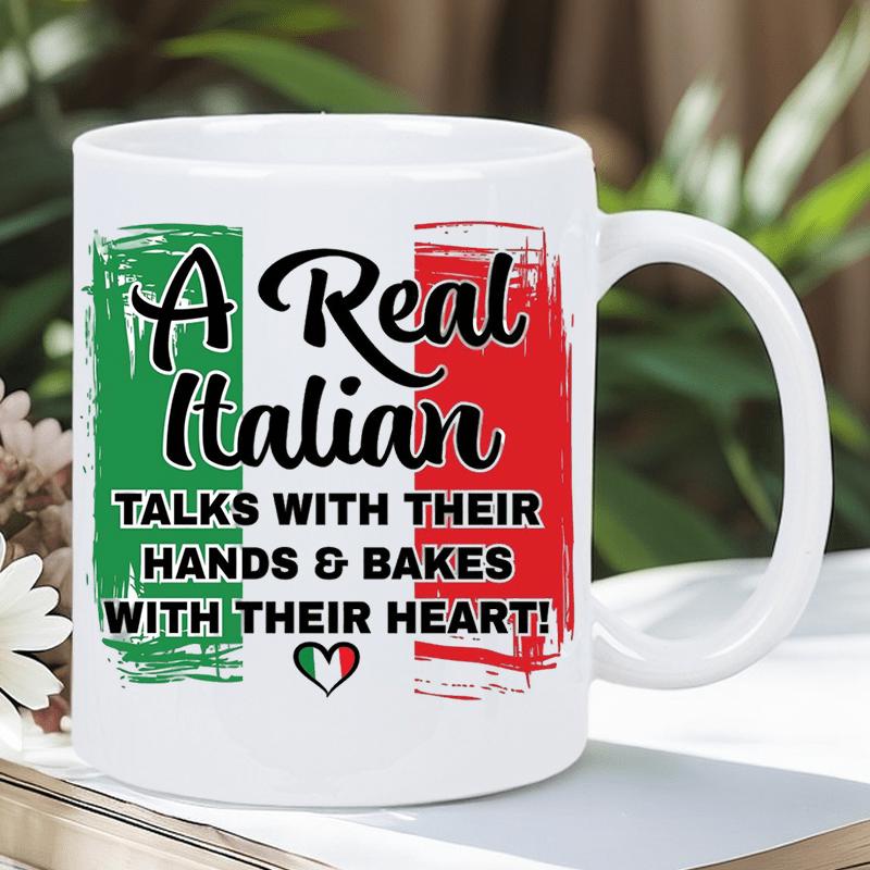 Tailorly White Ceramic 11 oz Mug - A Real Italian Talks With Their Hands Bakes With Their Heart Vertical Green And Red Brush Strokes With Small Heart Mug