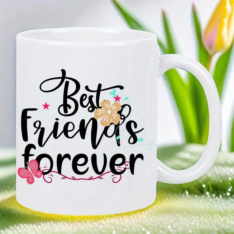 Tailorly White Ceramic 11 oz Mug - Best Friends Forever Handwritten Script With Delicate Pink Butterfly And Small Blooming Golden Flower Mug