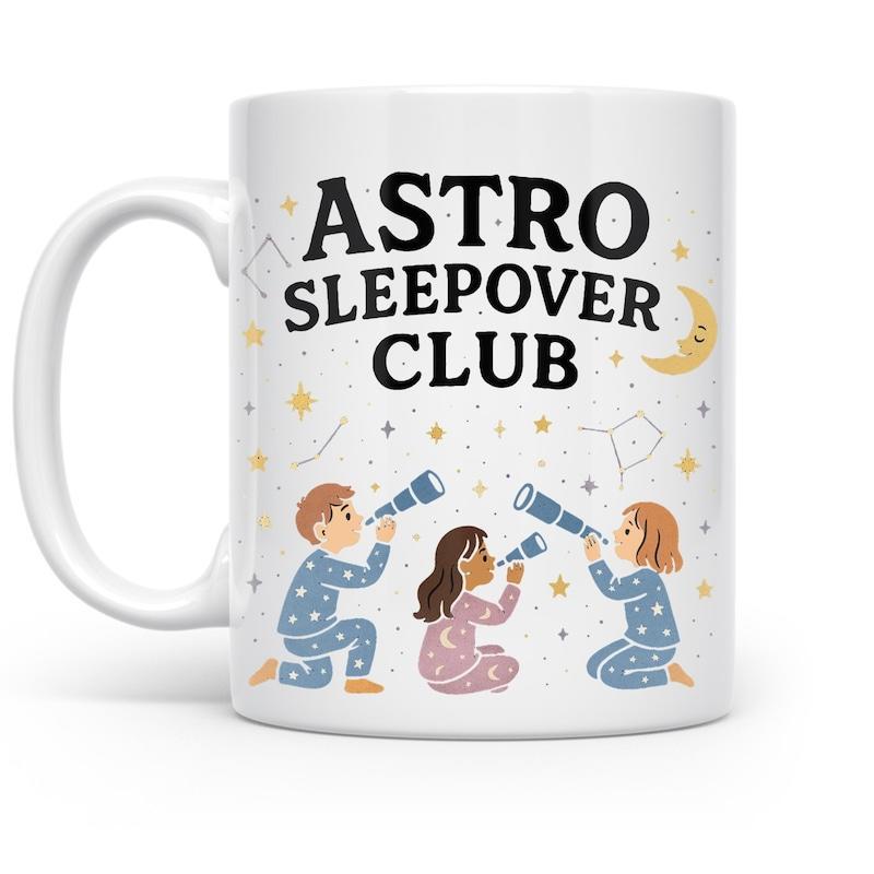 Tailorly White Ceramic 11 oz Mug - Astro Sleepover Club Little Children Gazing Through Telescopes At The Golden Moon Stars Club