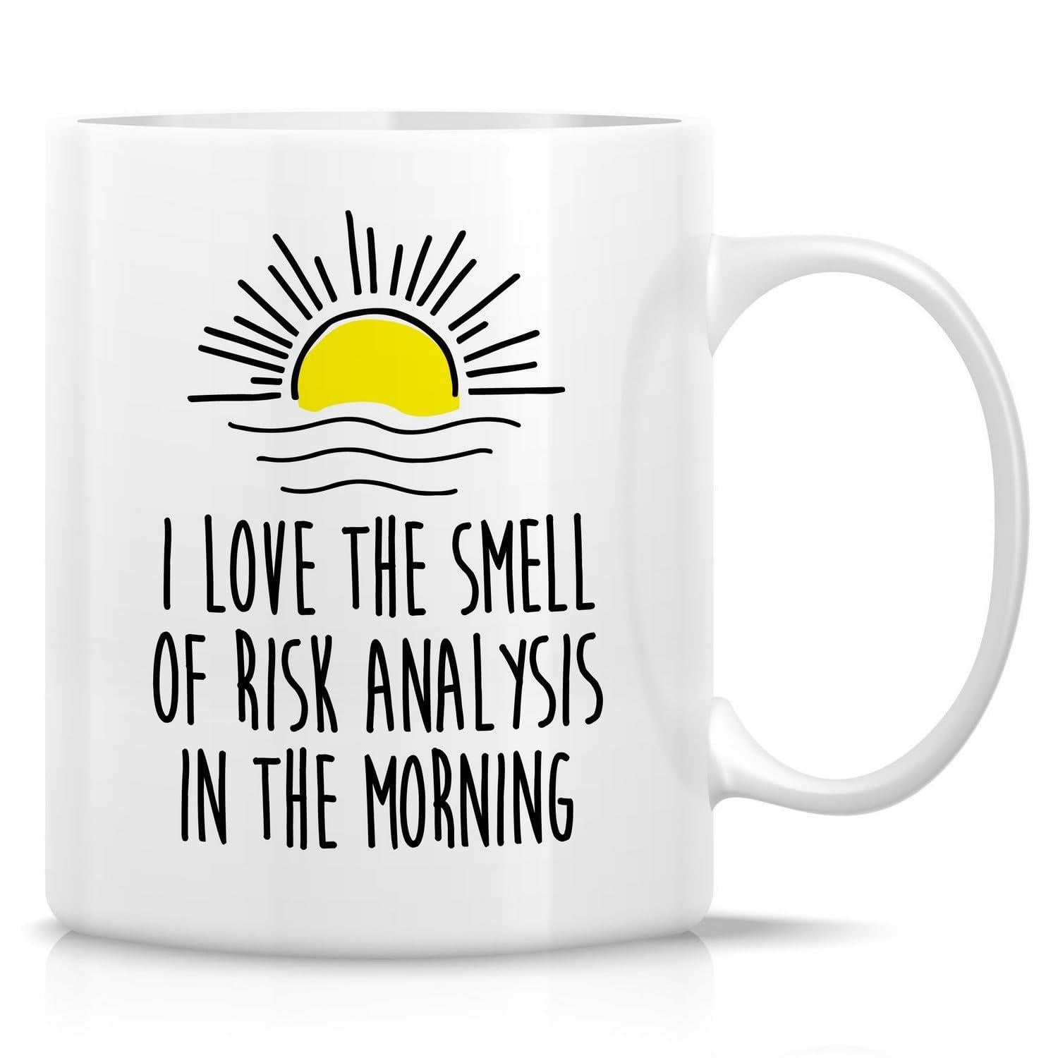 Tailorly White Ceramic 11 oz Mug - I Love The Smell Of Risk Analysis In The Morning Radiant Yellow Sun Rising Above Gentle Wavy Ocean Lines During Dawn Sun