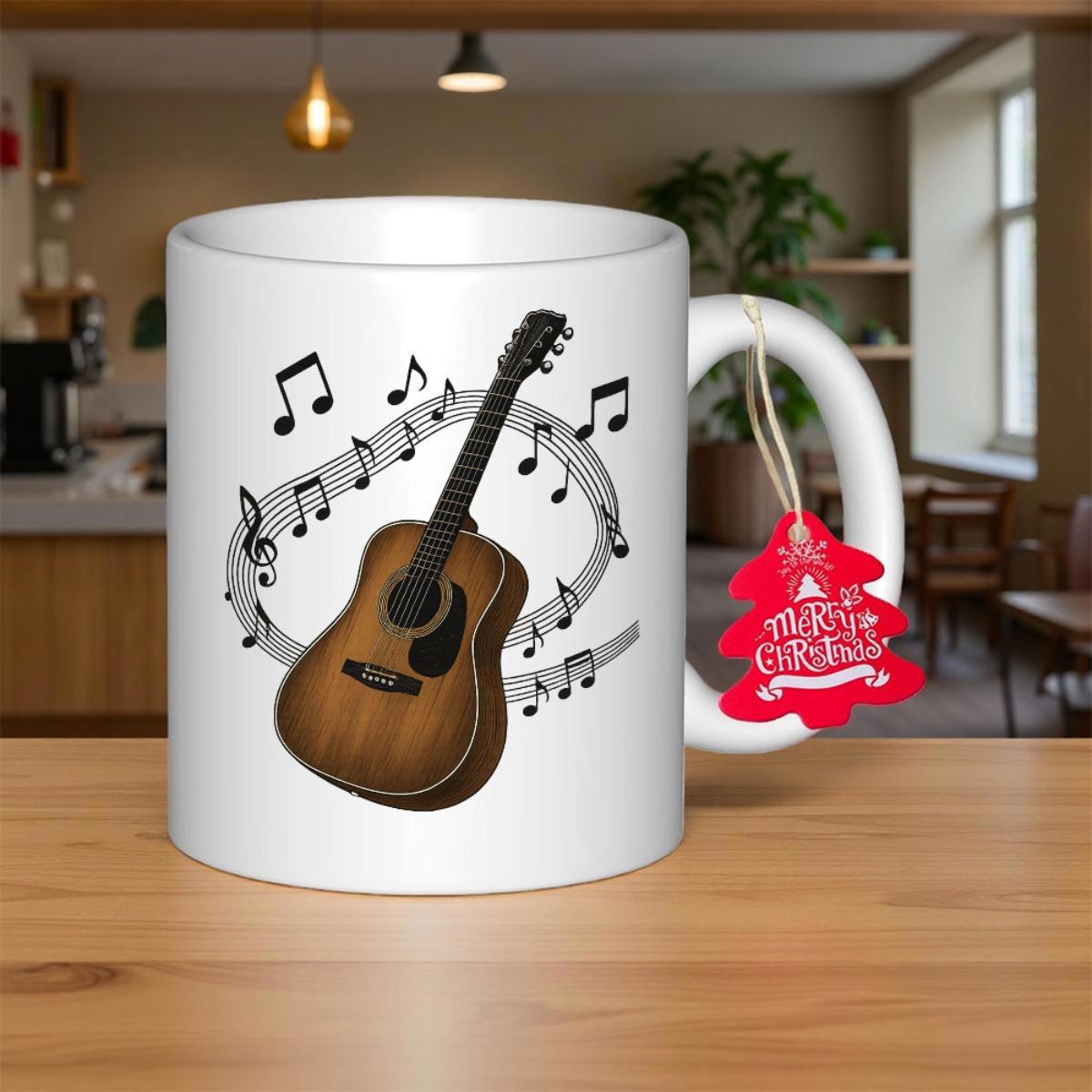 Tailorly White Ceramic 11 oz Mug - Classical Acoustic Wood Grain Instrument With Floating Musical Notes And Staff Guitar