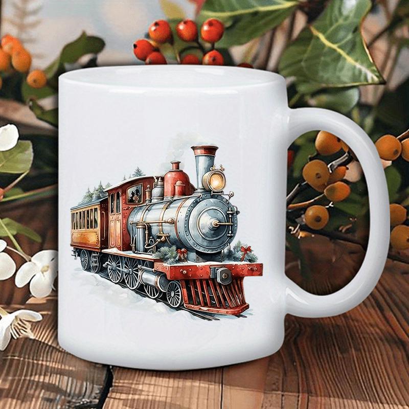 Tailorly White Ceramic 11 oz Mug - Vintage Steam Engine With Detailed Metallic Wheels And Classic Red Carriage Locomotive