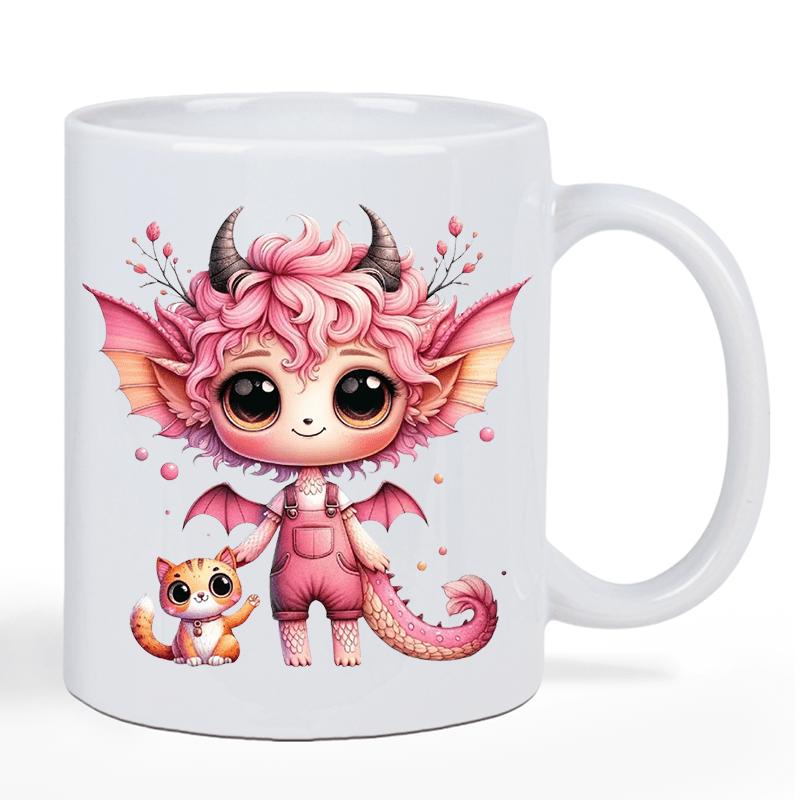 Tailorly White Ceramic 11 oz Mug - Adorable Pink Fantasy Character With Dragon Wings Standing Beside Small Cat Creature