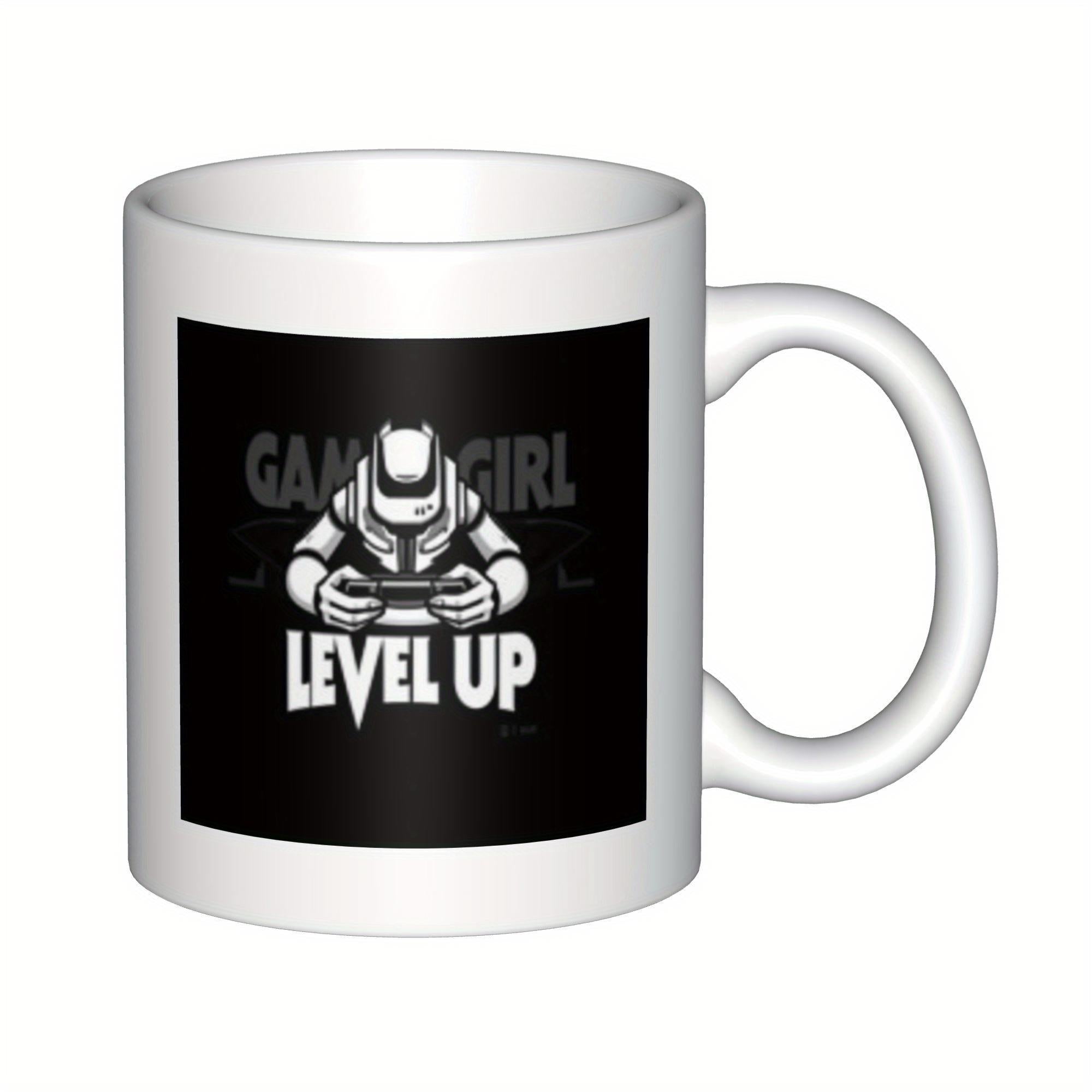 Tailorly White Ceramic 11 oz Mug - Level Up Gamer Girl Futuristic Armored Figure Holding Controller Inside Dark Square Background Gamer