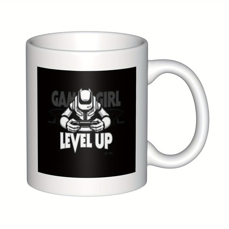Tailorly White Ceramic 11 oz Mug - Level Up Gamer Girl Futuristic Armored Figure Holding Controller Inside Dark Square Background Gamer