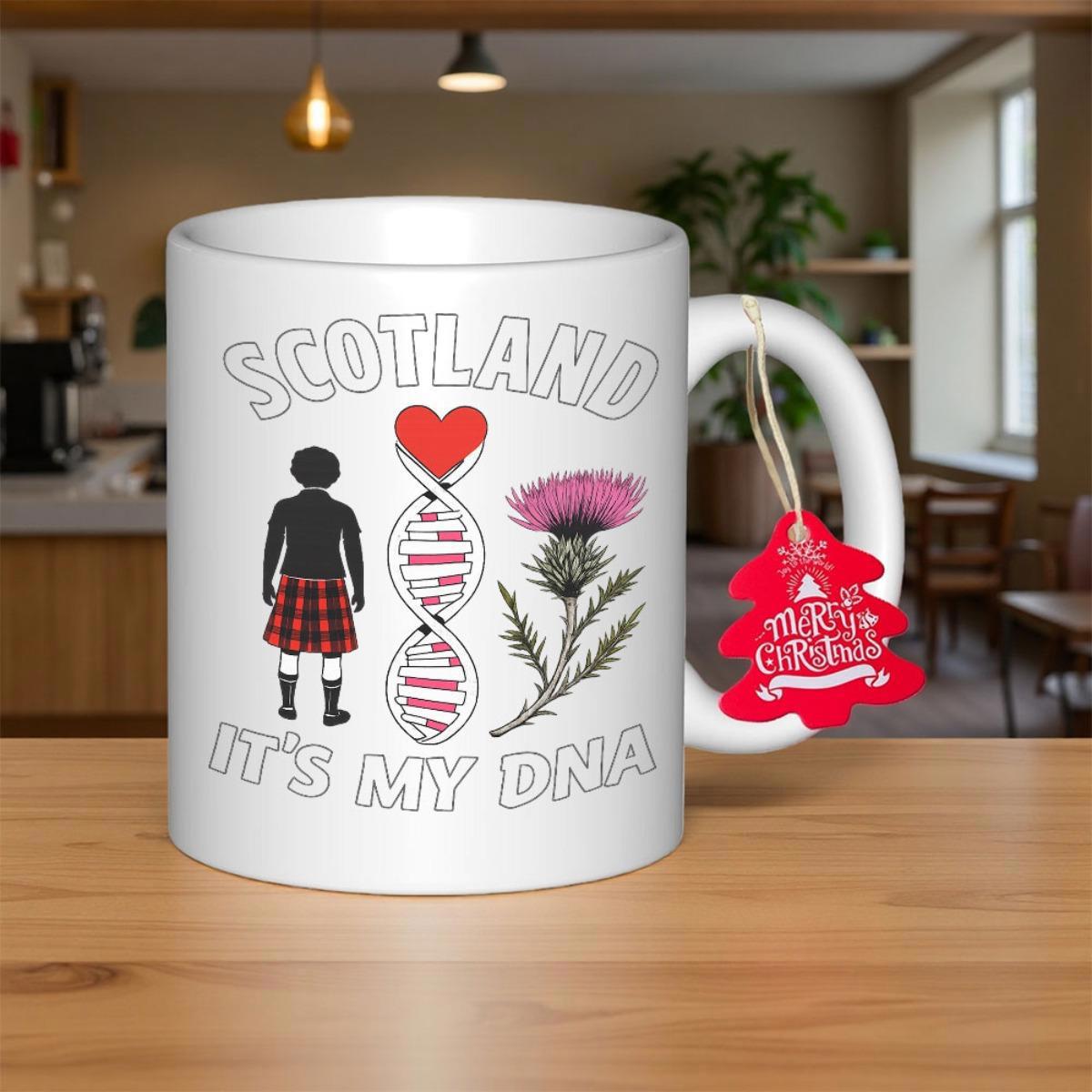 Tailorly White Ceramic 11 oz Mug - Scotland Its My DNA Traditional Cultural Symbols Featuring DNA Helix And A Person In Kilt Thistle