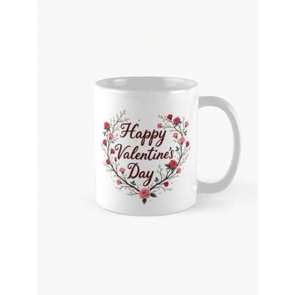 Tailorly White Ceramic 11 oz Mug - Happy Valentine's Day Delicate Floral Heart Wreath With Elegant Red Roses And Blooming Vines Heart